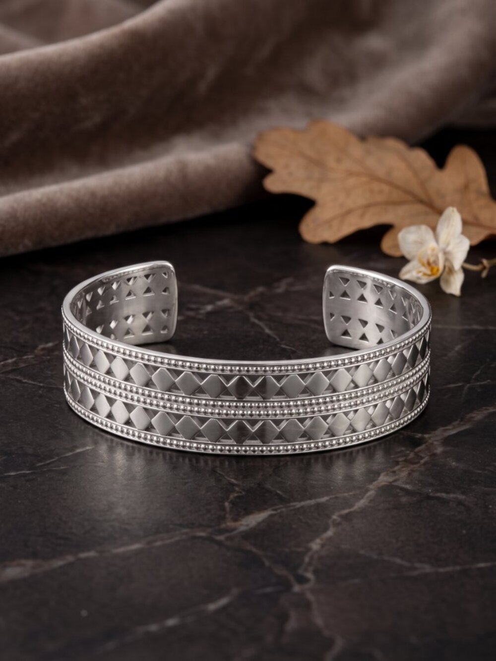 Wide Geometric Cut Out Open Cuff Bracelet Art Deco Beaded Border Silver 2.2"